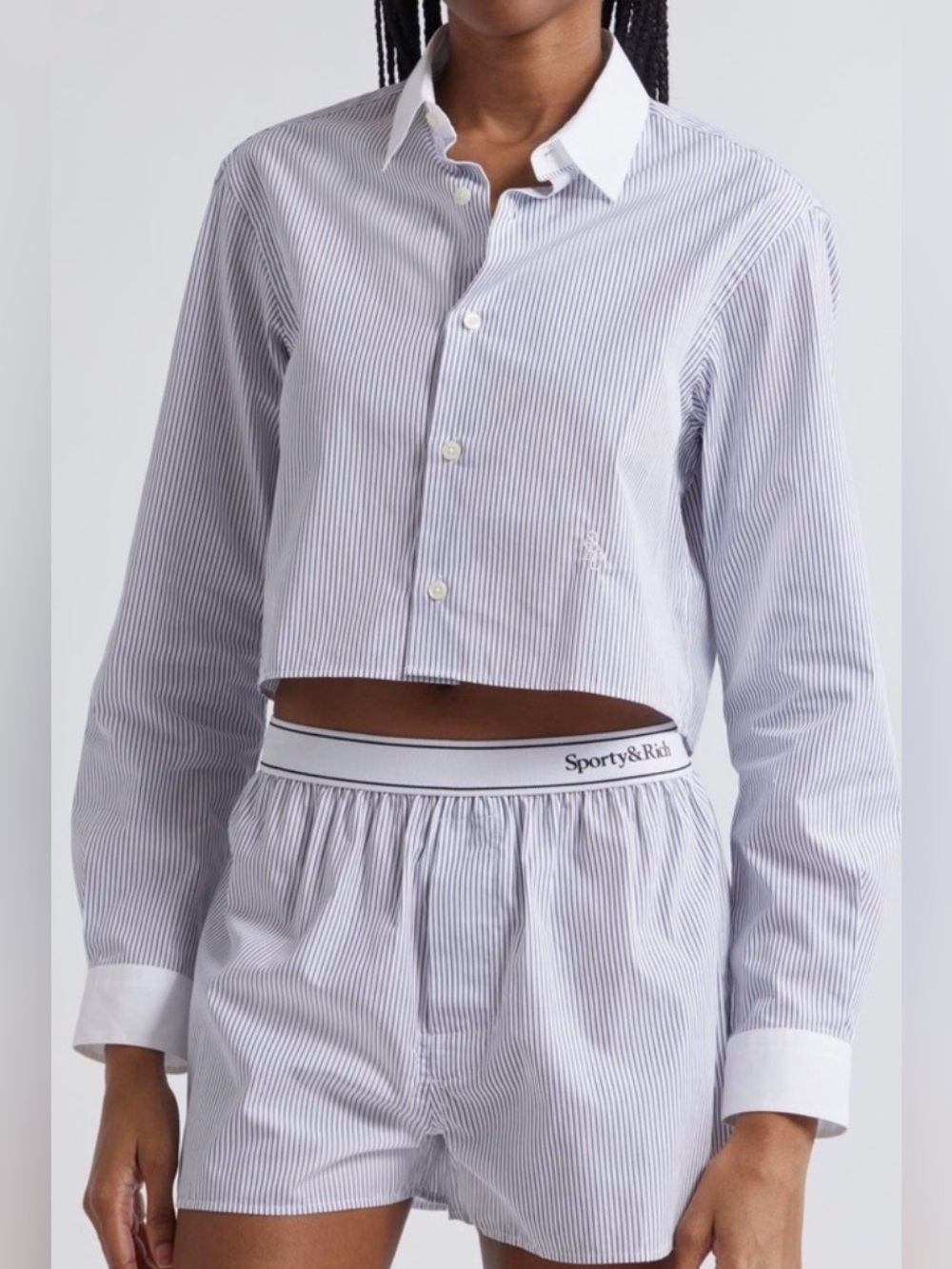 NWT Sporty & Rich SRC Embroidered Stripe Cotton Crop Button-Up Shirt